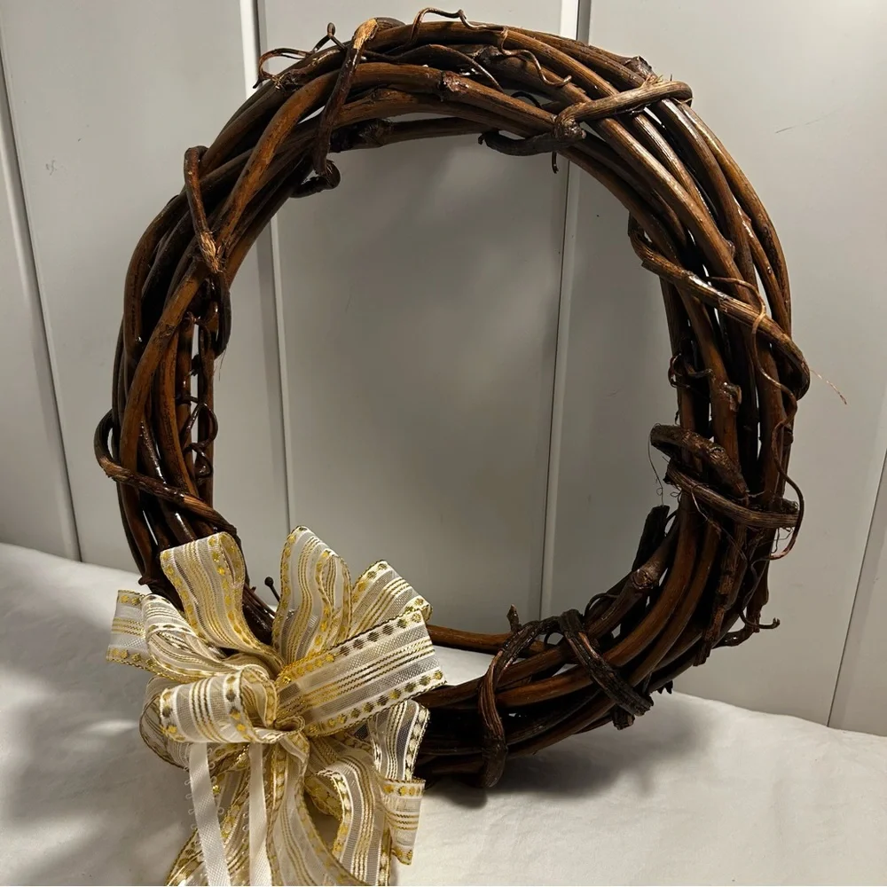 Grapevine Wreath Decorative Brown branch with Gold & White Ribbon